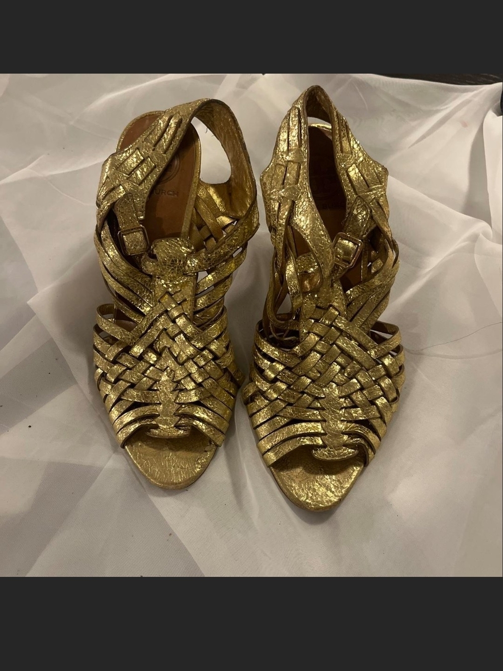 Tory Burch Gold Woven Strappy Women's Sandals 3" Heels, 7M - Picture 2 of 4